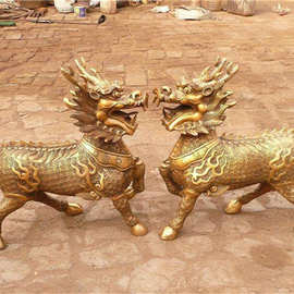 大型2米铜麒麟制造 现货大型动物铸造铜麒麟 2米铜麒麟雕塑图片