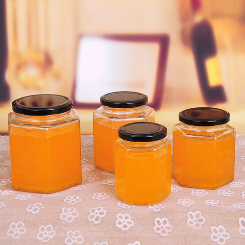 Hexagonal hex honey glass bottle sealed jar with lid small size jam pickles chili lemon canning jar
