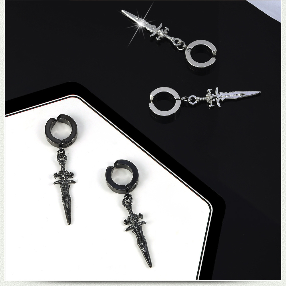 Boucles D&#39;oreilles Sculptées En Épée Croisée En Acier Titane Pour Hommes display picture 4