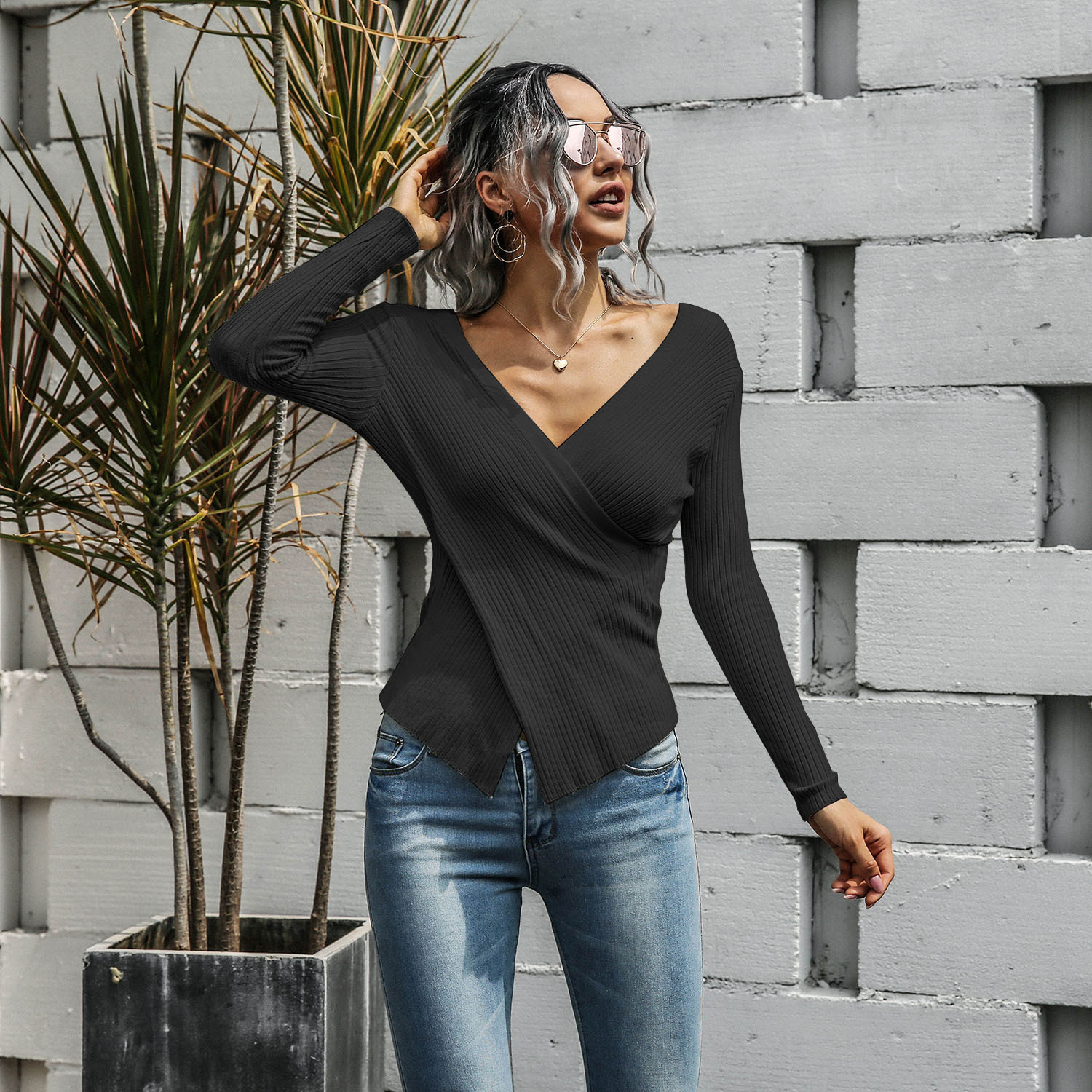 new fashion casual V-neck cross-type long-sleeved irregular sweater  NSMY34819