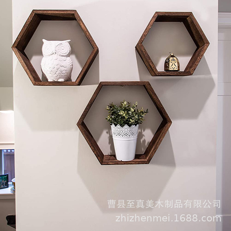Wall shelf wall hanging lattice restaurant TV solid wood bedroom room wall living room hexagonal wall hanging wooden shelf