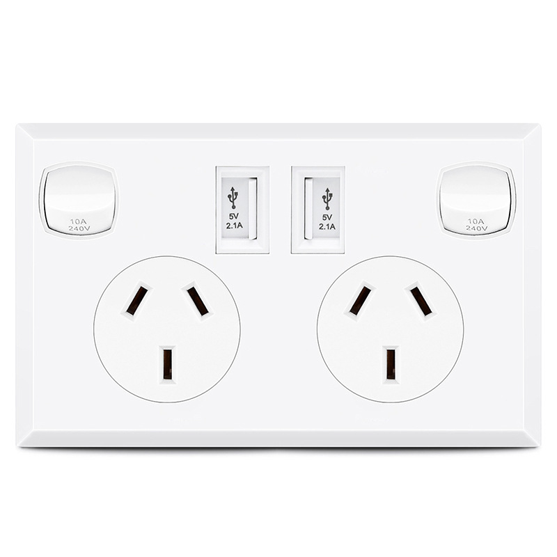 白色带开关LED指示灯USB插座  澳式墙插