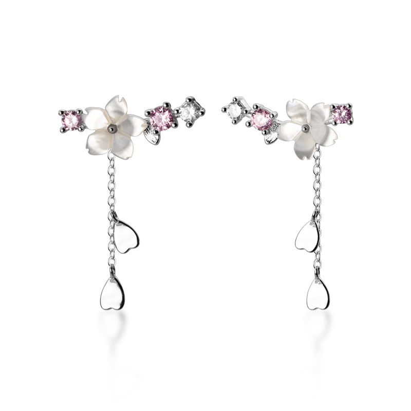 S925 gancho de auriculares de plata para mujeres coreanas conchas de flores de cinco pétalos con diamantes adornos de amor pendientes de bordilla pendientes de orejas G5389 image 5