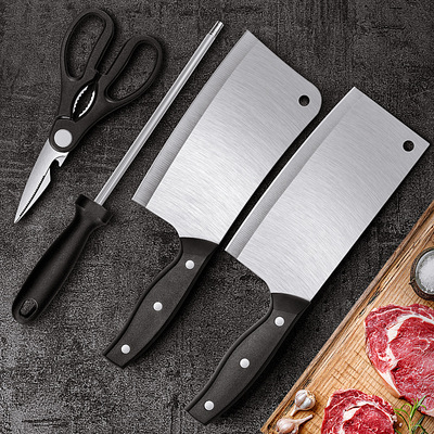 厂家现货直供不锈钢厨房菜刀家用砍骨刀磨刀棒剪刀切片刀具套装|ru