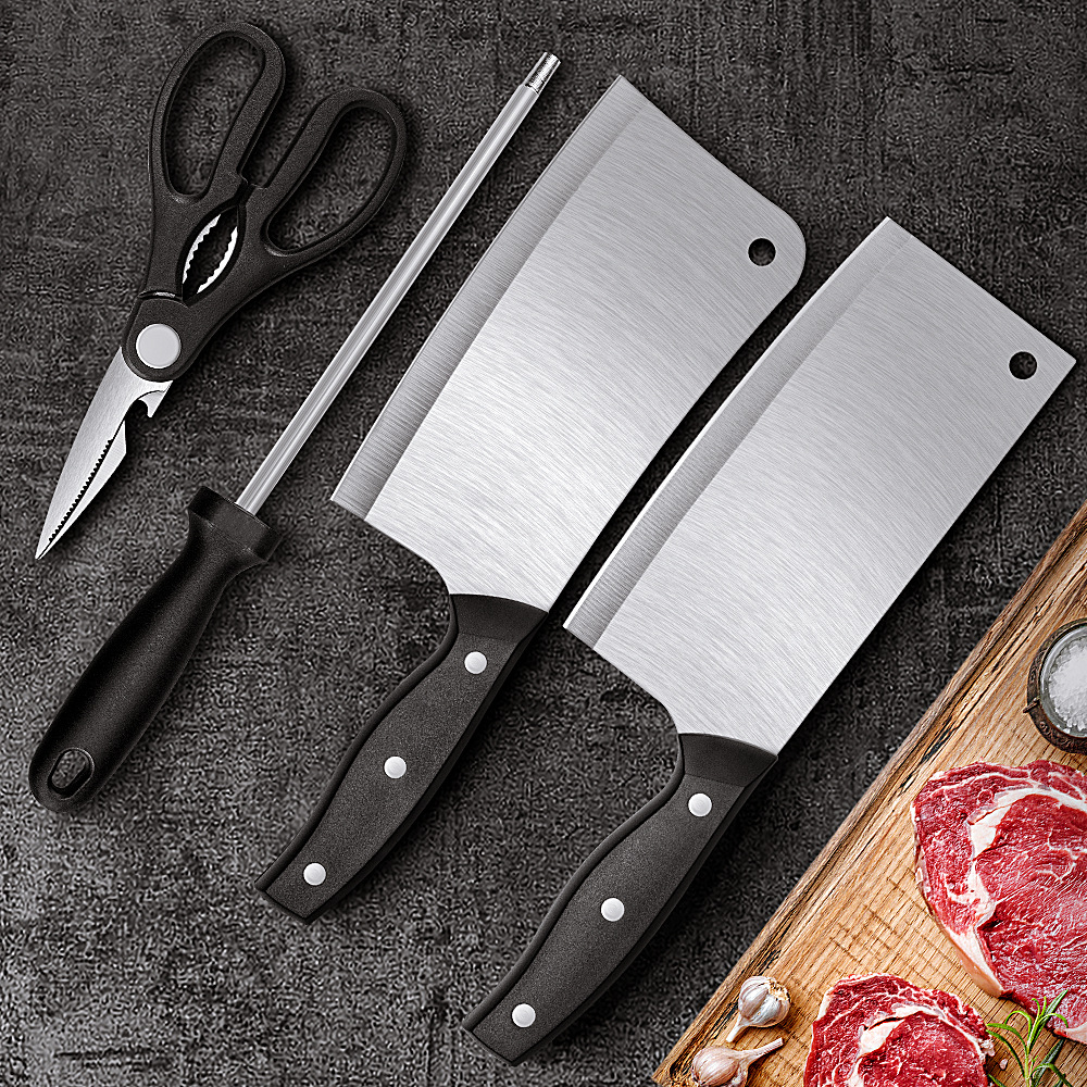 厂家现货直供不锈钢厨房菜刀家用砍骨刀磨刀棒剪刀切片刀具套装|ru