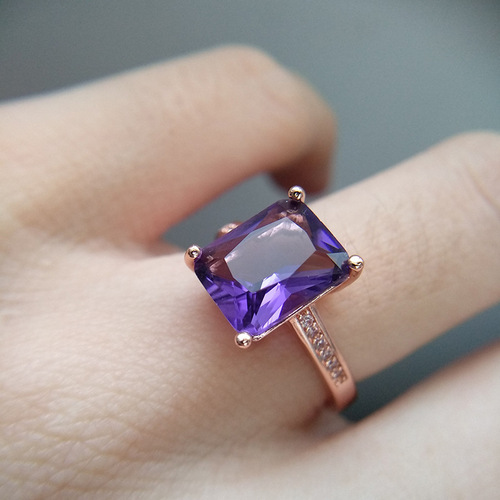 Square amethyst ring, four-leaf clover bracelet, drop-shaped purple diamond ear hook, European and American style colorful treasure necklace jewelry set