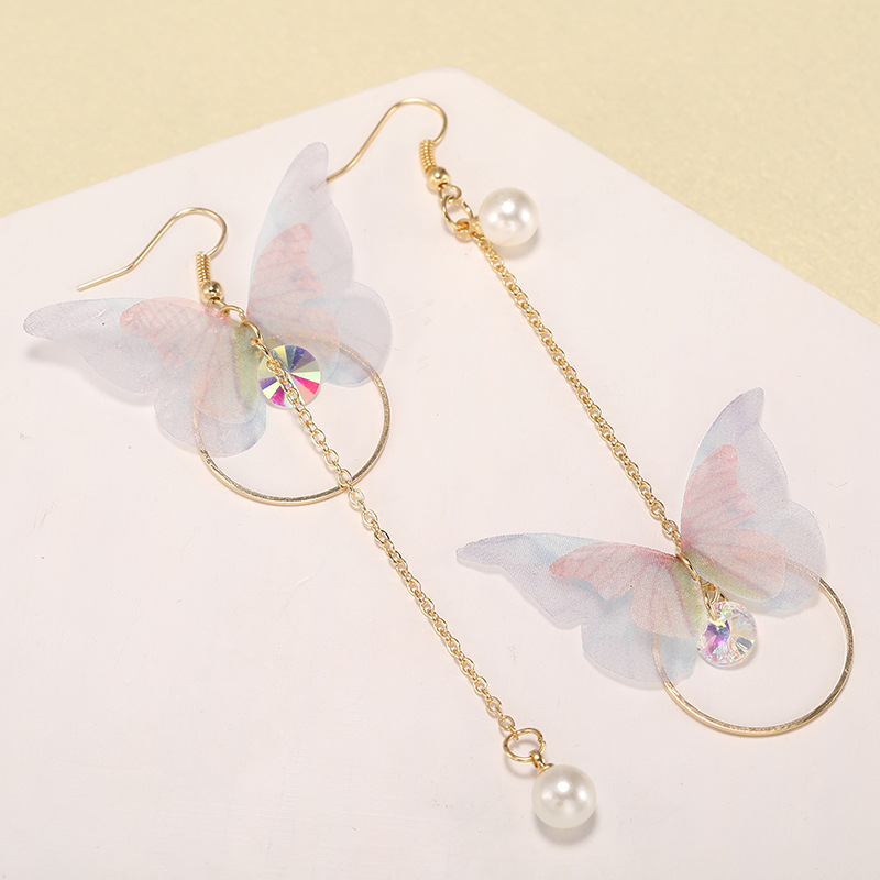 Japanische Und Koreanische Mode, Einfaches Temperament, Lange Asymmetrische Schmetterlings-quasten-ohrringe, Metallkreis-eingelegte Perlen Ohrringe display picture 1
