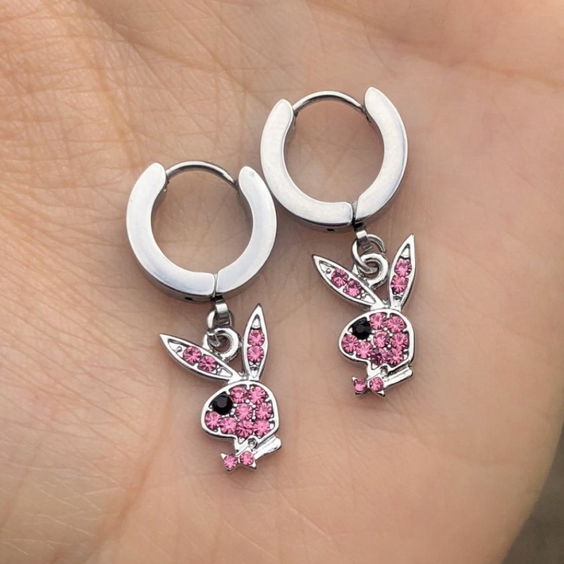 Inlay Design 1 Pair Hip-hop Rabbit Stainless Steel Inlay Rhinestones Drop Earrings