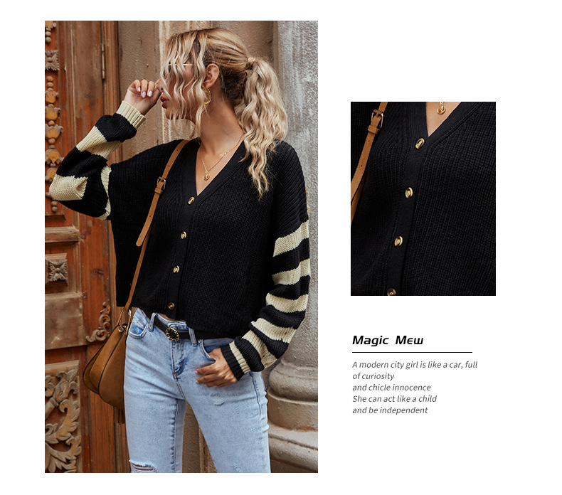 women s striped v-neck color-block knit short sweater cardigan nihaostyles wholesale clothing NSDMB79414