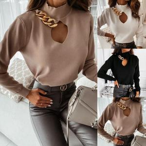 Long sleeve high neck chain decorative hollow bottomed top