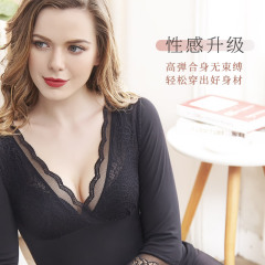 Autumn/Winter Goddess Lace V-Neck Long-Sleeve Warm Top with Fleece and Thick Body Shaping Plus Size Warm Innerwear for Women