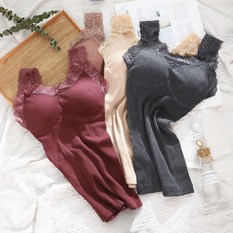 2020新款无缝小熊长款女美背裹胸蕾丝边带胸垫无钢圈打底吊带背心