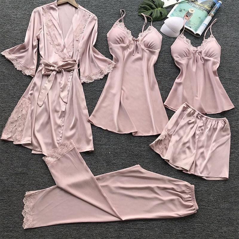 Sexy Simulation Silk Home Clothes Pajamas Summer Sexy Lace Pajamas 5-Piece Korean Suspenders