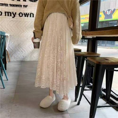 Autumn and winter new Hong Kong style small fresh high-waist slim mid-length hollow crochet lace skirt women's skirt with big swing