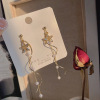 South Korean goods, earrings, retro long silver needle with tassels from pearl, french style, silver 925 sample, wholesale