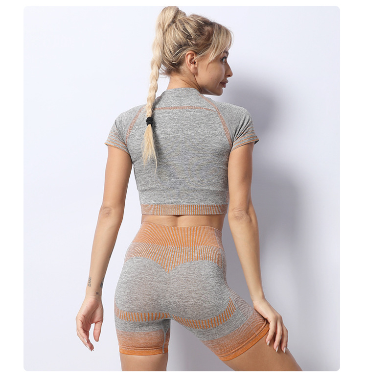 Beauty back short-sleeved striped seamless shorts fitness set NSZJZ54085
