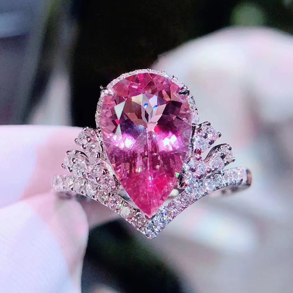 Explosion Luxury Crown High Carbon Diamond Drop-shaped Simulation Pink Tourmaline Color Treasure Open Ring Engagement Diamond Ring display picture 1