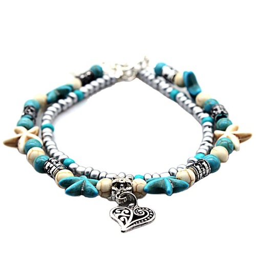 Cross-border double layer anklet European and American retro starfish rice beads beach turtle pendant anklet jewelry manufacturer wholesale