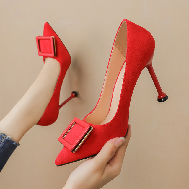 Fashion pointed shallow suede square button high heels sexy women’s shoes