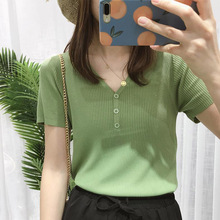 2023夏季新款韩版纯色针织短袖T恤女学生打底衫修身显瘦v领上衣潮