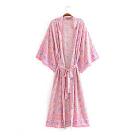 欧美外贸女装人棉定位花波西米亚合服和服 8498