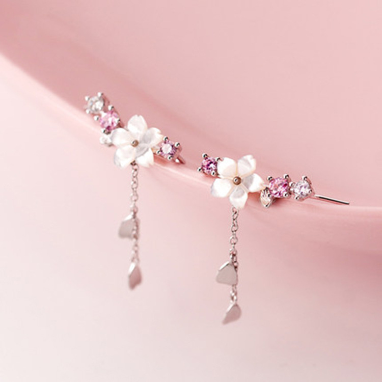 ins Style Shell Cherry Blossom Tassel Ear Hook Simple Cool and Fresh Style Mori Flower Earrings Female Elegant Korean Style