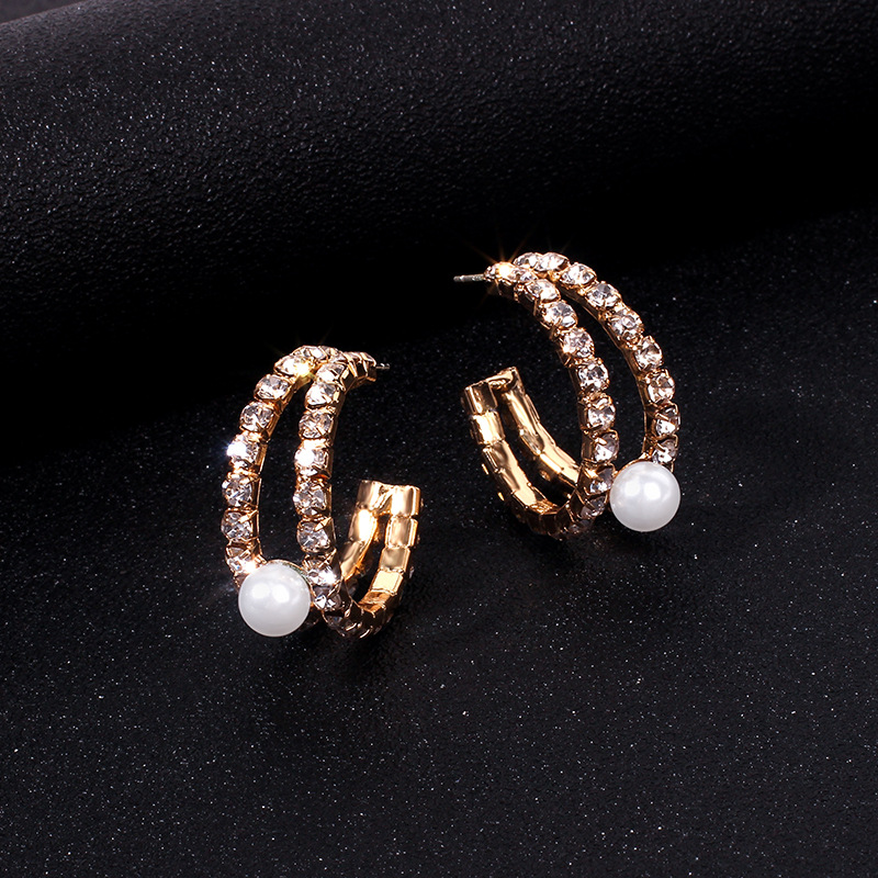 13g Weight Earrings Classification Wedding, Travel, Birthday, Festival Occasion Women'S Gender Gold Color Personality Geometry C- Shaped Full Diamond Pearl Ring Earrings Elegant Classic Style Double C French Ins Earrings Earrings 2
