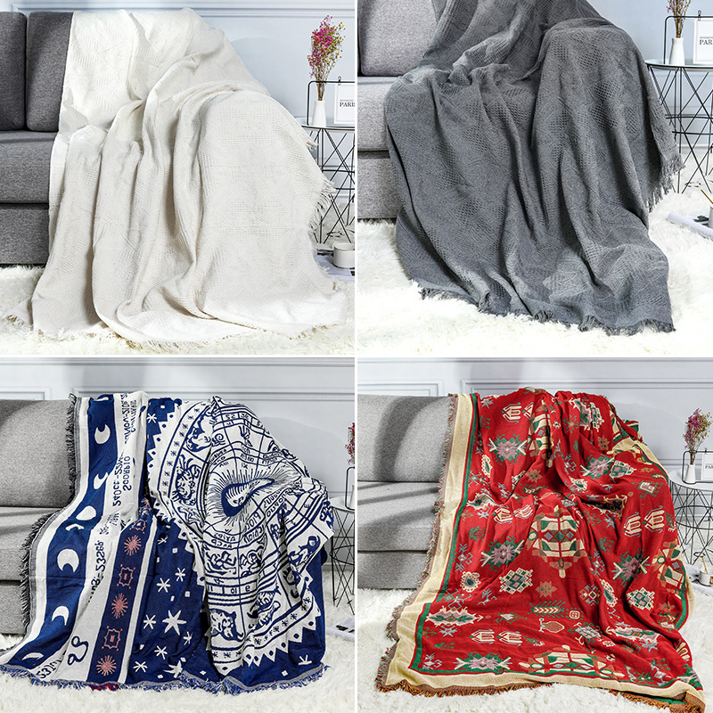 跨境北欧双面立体提花纯色针织沙发巾盖布全盖厚棉麻沙发套罩垫毯