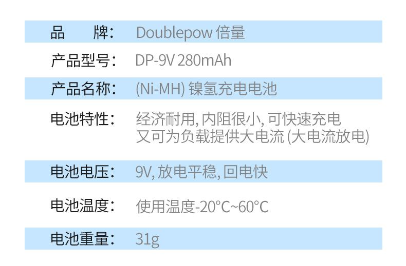 Double 9V rechargeable battery 6F22 square multimeter medical instrument 9V280mah Battery msds report