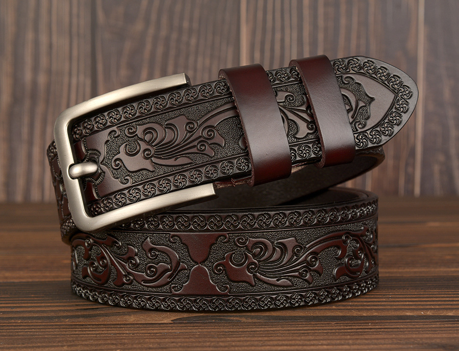 Cintura da uomo in pelle di vacchetta intagliata personalizzata con fibbia ad ago di nuova moda_voghion.com