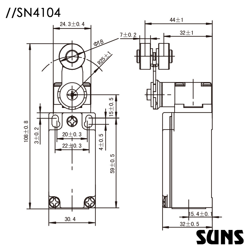 SUNS美国三实金属壳体防水行程开关SN4104安全限位开关尺寸图