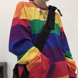 跨境秋季新款韩版彩虹条纹长袖T恤女学生早秋宽松泫雅风洋气上衣