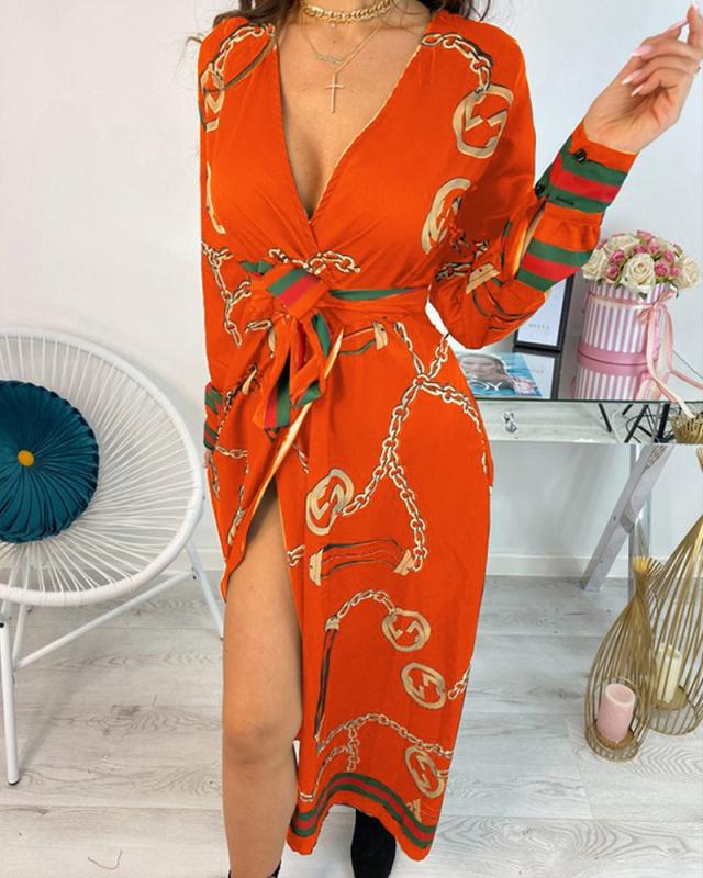 V-Neck Print Tie-Up Waist Dress NSYF47024