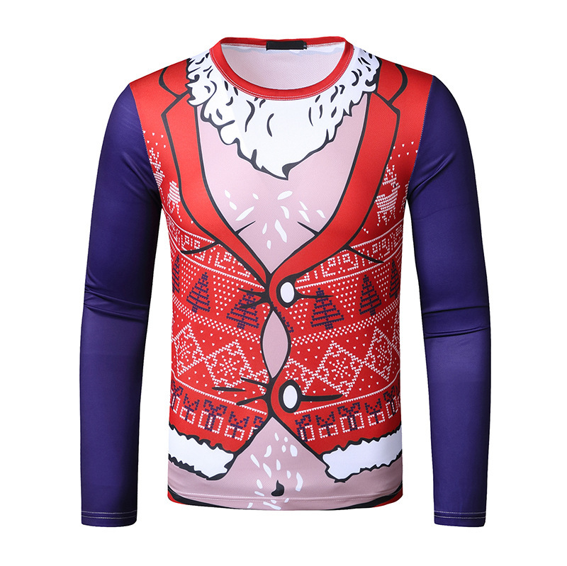 新款3D个性印花时尚男士圣诞节纽扣图案长袖T恤 T21