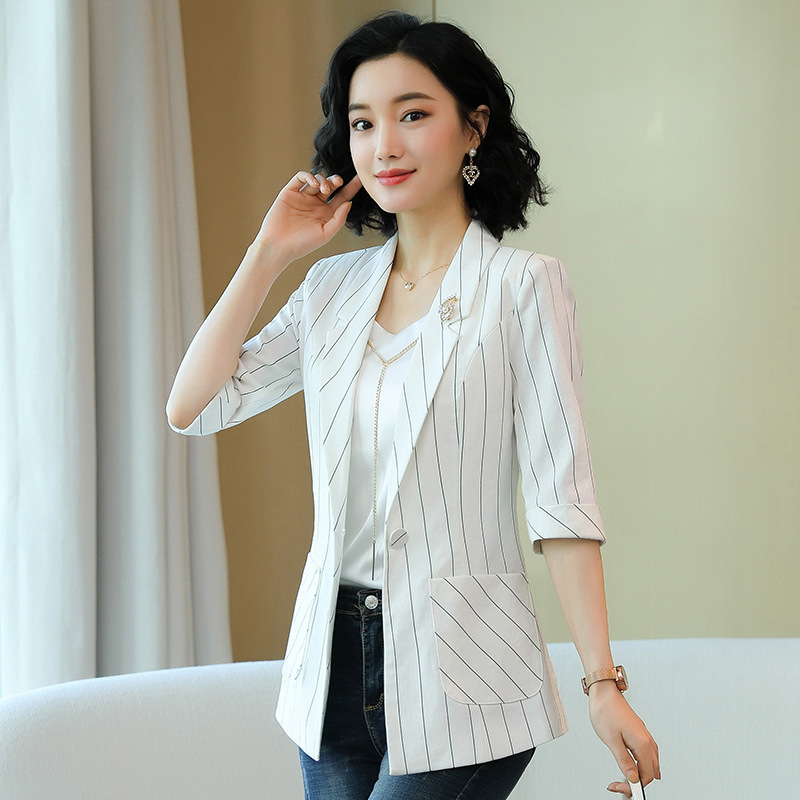 厂家批发2020年春季新款黑白条纹小西装女休闲西服外套女一件代发|ms