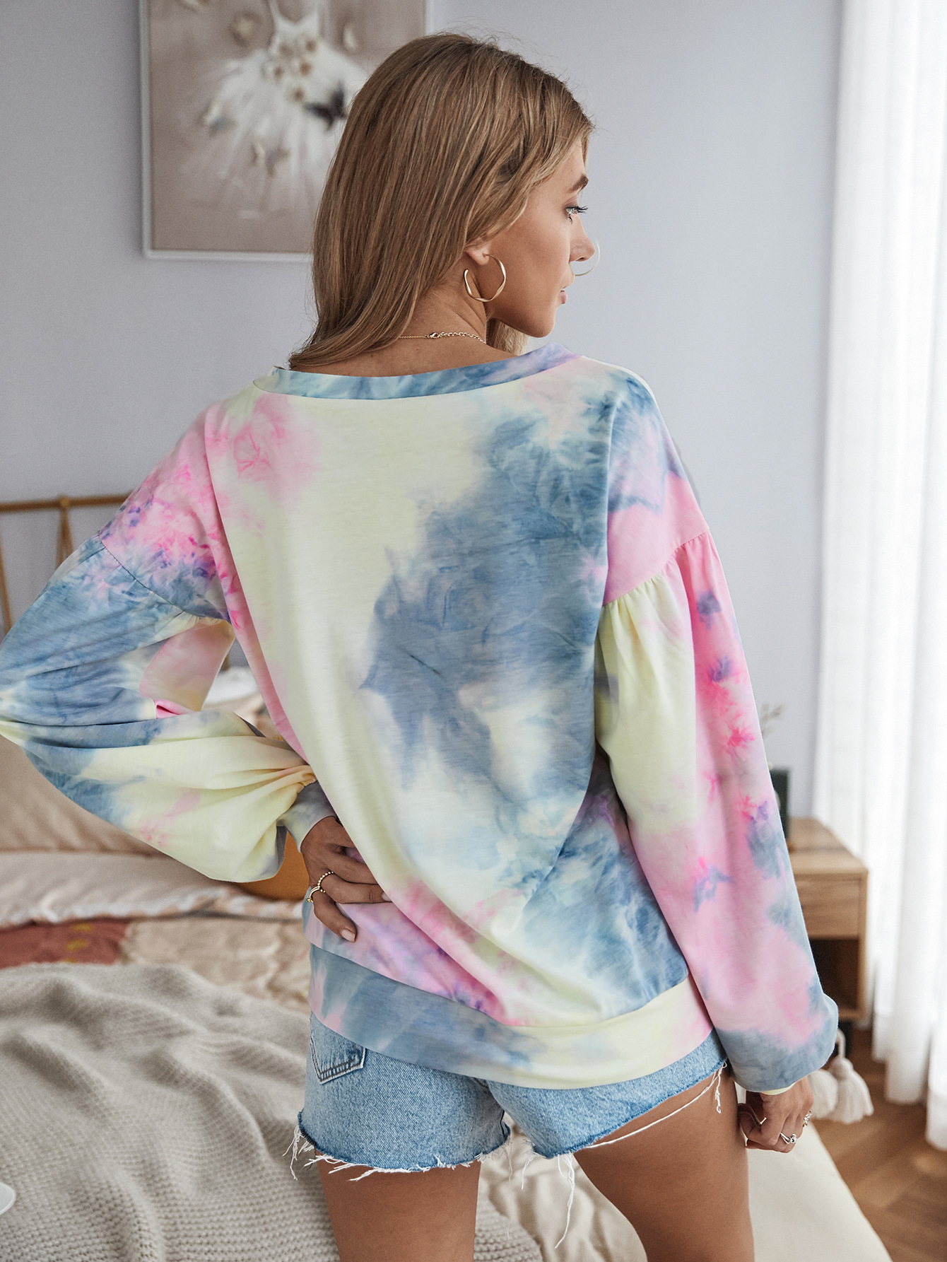 fashion contrast color tie-dye long-sleeved T-shirt NSDY7675