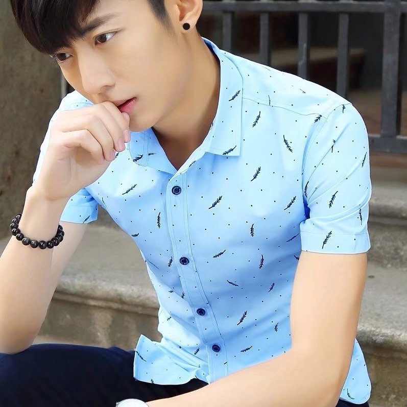 Summer men's square collar short-sleeved shirt men's breathable shirt casual printed feather simple fashion men's cross-border foreign trade