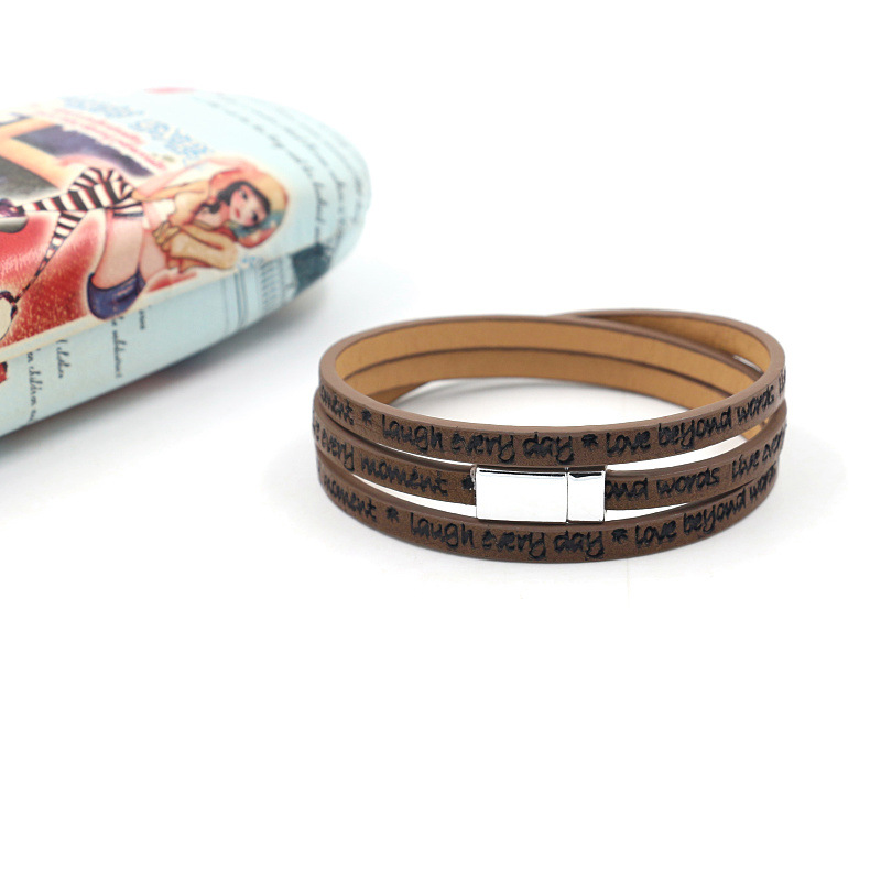 New Fashion Leather Strip Lettering Embossed Bracelet Magnetic Buckle Multilayer Printed Pu Leather Multilayer Bracelet display picture 5