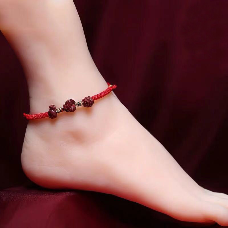 本命年天然朱砂手链 帝王紫砂十二生肖鼠兔马羊鸡红绳三合脚链女