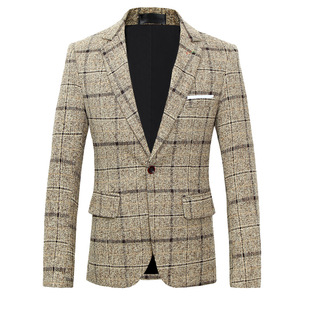 Foreign Trade Cross-border New S-5XL Large Size Youth British Style Korean Slim-fit Men's Woolen Plaid Suit Jacket