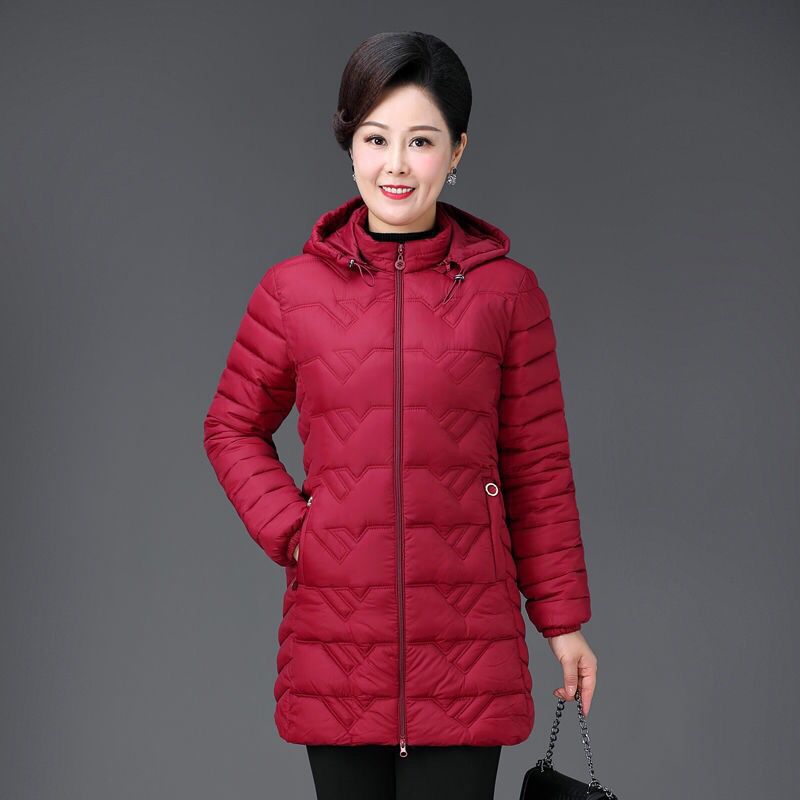 冬季女裝中長款棉服2020新款媽媽修身棉衣輕薄保暖連帽棉襖速賣通