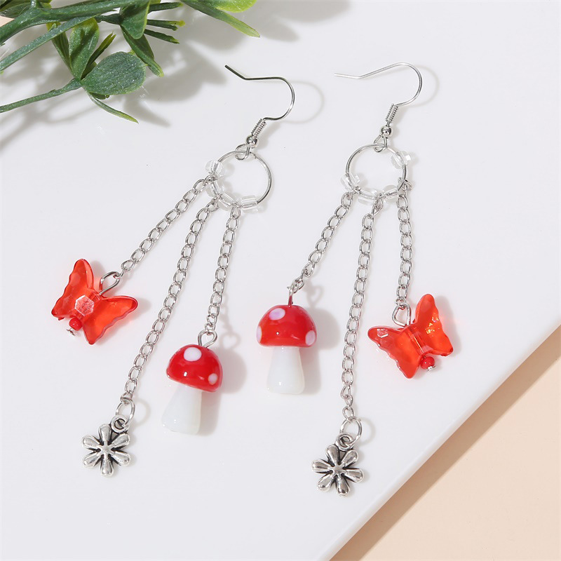 Long Chain Butterfly Mushroom Resin Earrings display picture 4