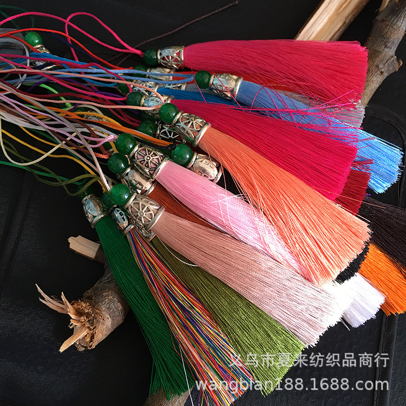中国结流苏吊穗优质涤纶特顺滑带绿珠米字帽冰丝书签流苏古风发饰