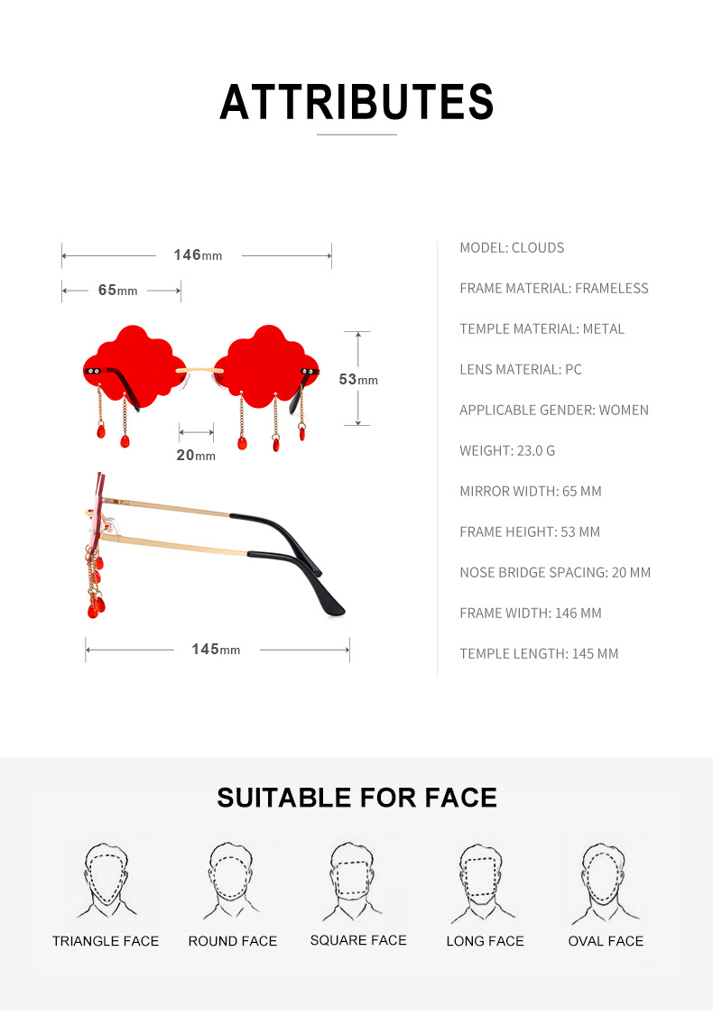 54g Weight Frameless Glasses Structure Glasses Classification UV400 Lens Material Polygon Glasses Style Party Occasion Clouds Pattern All Seasons Season Kid'S, Women'S Gender Fashion Style Dark Blue, Grey, Pink, Purple, Red, Blue, Yellow Color New Fashion Simple Style Pendant Cloud Sunglasses 10