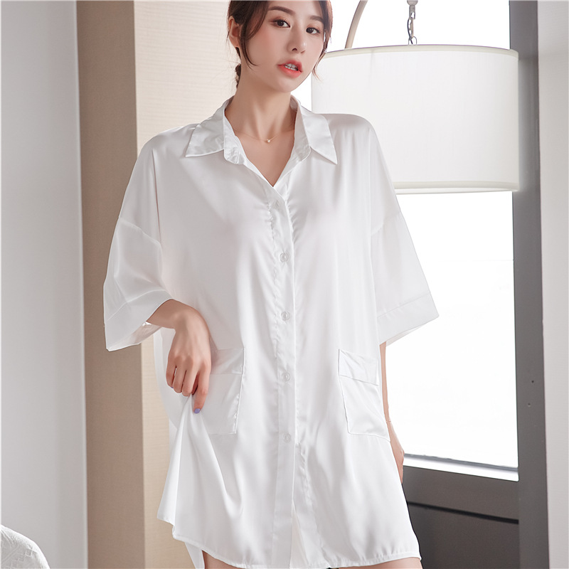 summer Borneol Nightdress shirt Dress sexy Boyfriend BF Solid Concise Add fertilizer enlarge Foreign trade wholesale