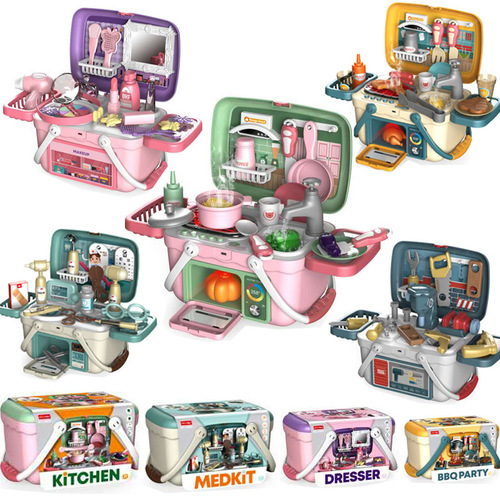 过家家儿童豪华灯光音乐仿真蒸汽出水喷雾厨房手提餐具台套装玩具