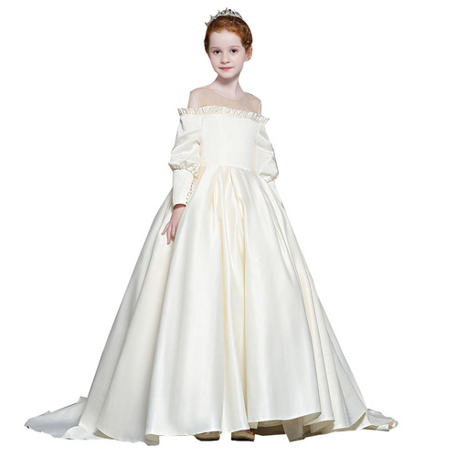 儿童礼服2024新款缎面长袖拖尾公主裙模特女童走秀演出服儿童婚纱