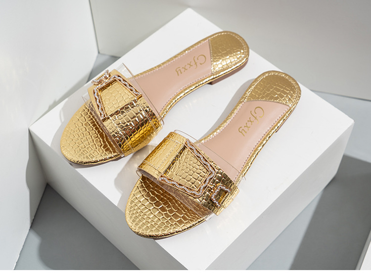 Cfxxy Cross Border Stone Pattern Flat Women S Sandales Pantoufles Mode Strass Boucle De Ceinture_voghion.com