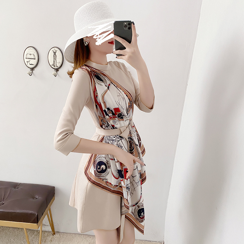 两色丝带拼接连衣裙春款女装 2021年优雅知性麂皮绒修身裙子2016