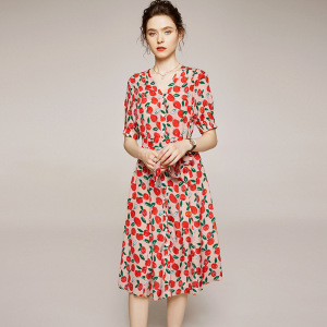 Summer 2020 new fruit print V-neck short sleeve mulberry silk skirt